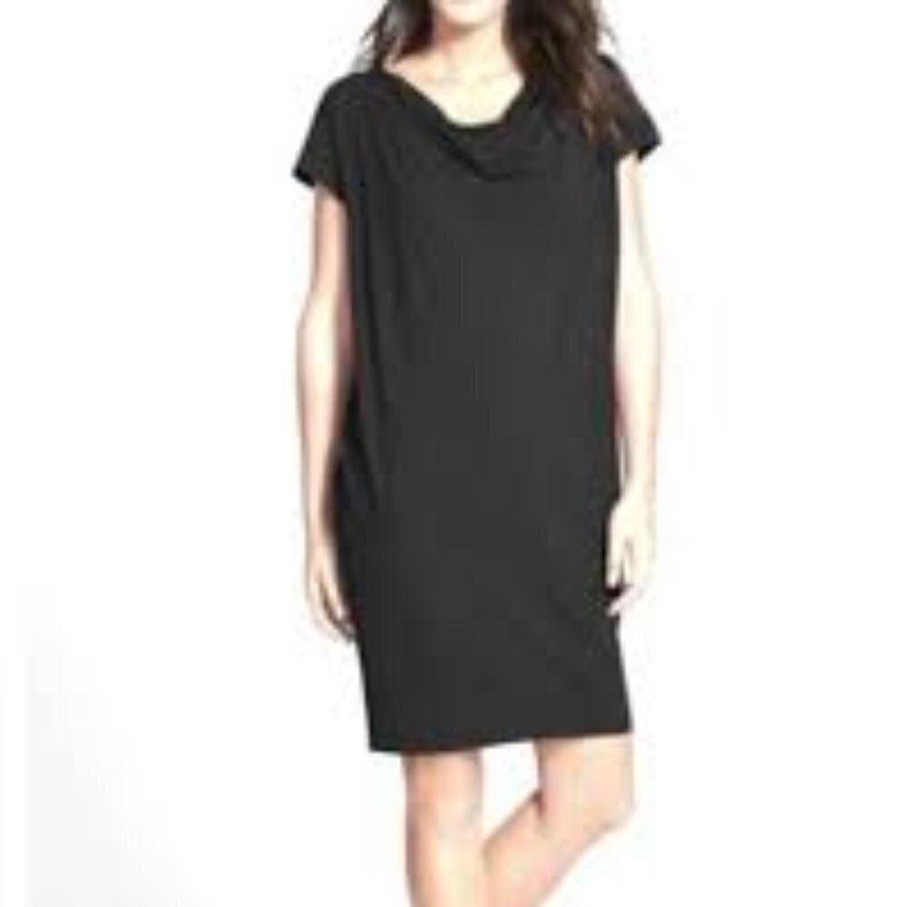 ✅ Eileen Fisher‎ Drape Neck Shift Dress BLACK SIZE X-SMALL